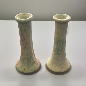 Harris Pottery Pair Pastel Sponge Speckled Candlesticks Blue Pink MCM 1960s